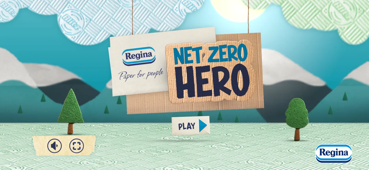 Animated scene with textured clouds, trees, and mountains, featuring cardboard signs reading 'Regina Paper for people' and 'NET ZERO HERO' with a play button below.
