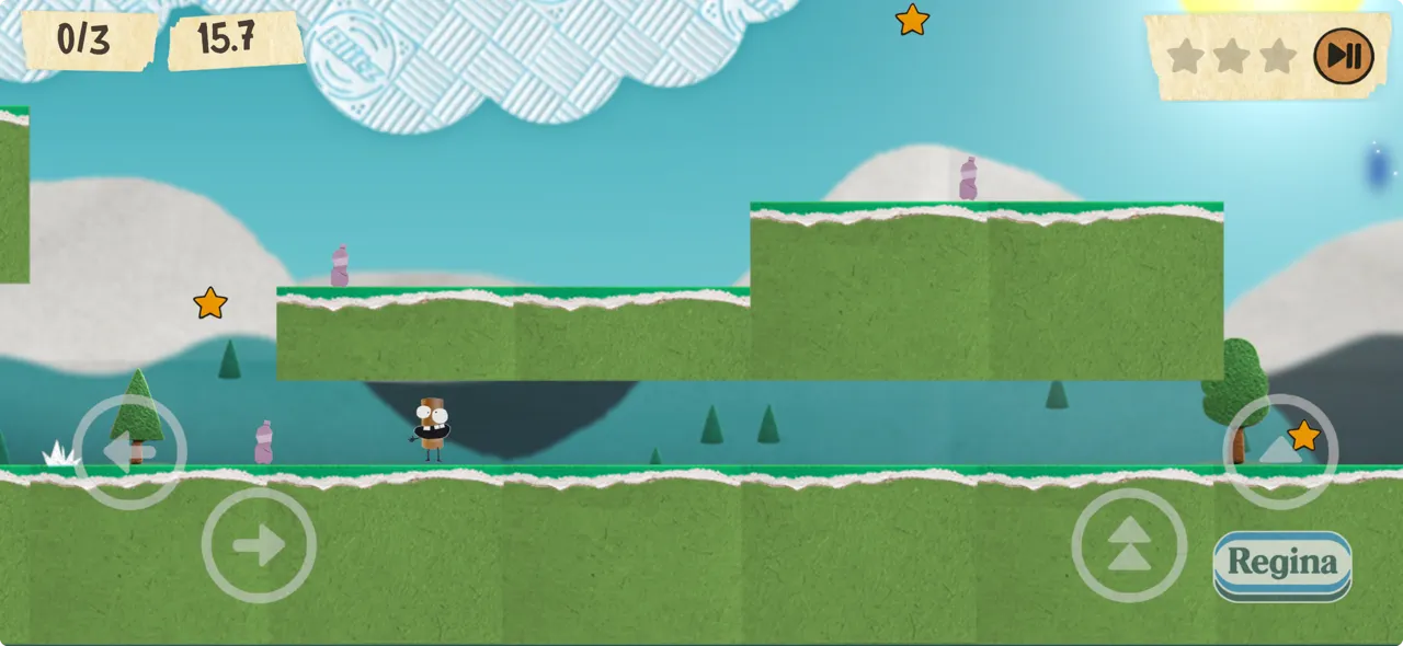 Side-scrolling platform game scene with a cartoon character standing on grassy platforms, collectible stars, bottle obstacles, and on-screen control buttons.