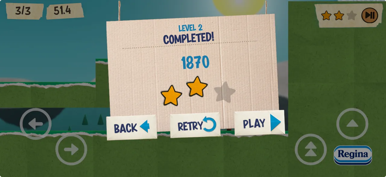 Game level 2 completed screen showing score 1870 with two stars earned, and buttons for Back, Retry, and Play.