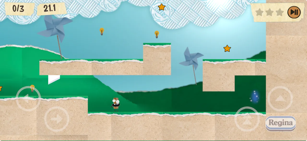 Side-scrolling platformer game scene with a cartoon character on grassy platforms, collecting stars and light bulbs with pinwheel decorations and a level indicator.