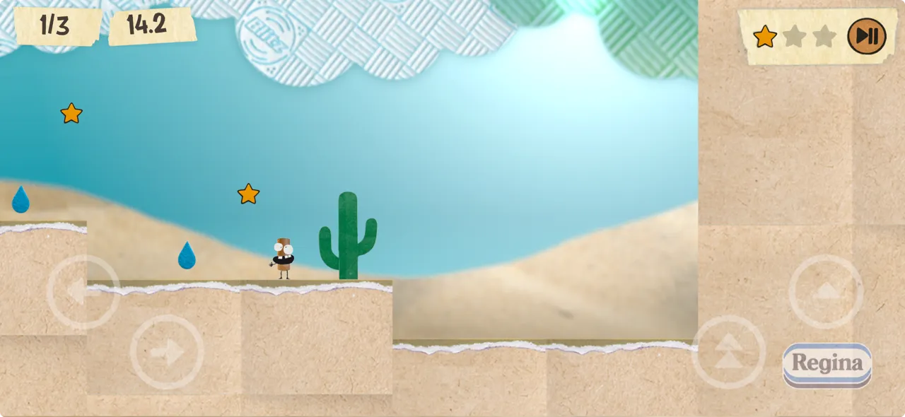 2D side-scrolling game scene with a small character next to a cactus, two orange stars, water droplets, and simple terrain blocks under a sky with clouds.
