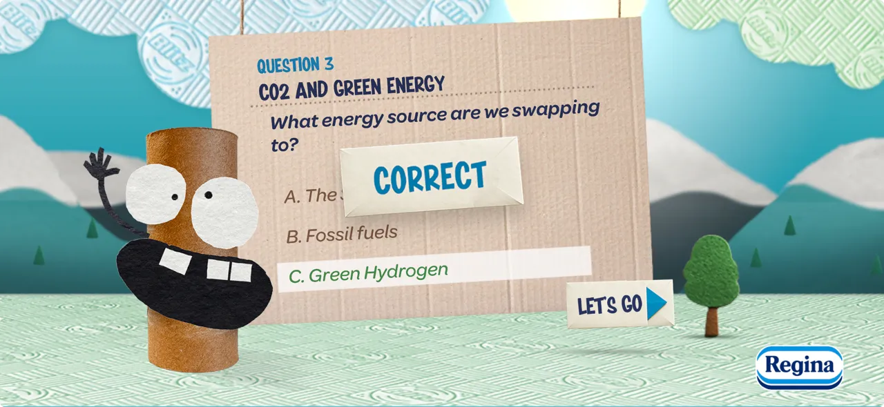 Animated cardboard roll character next to quiz question about swapping energy sources, with 'Green Hydrogen' marked correct.